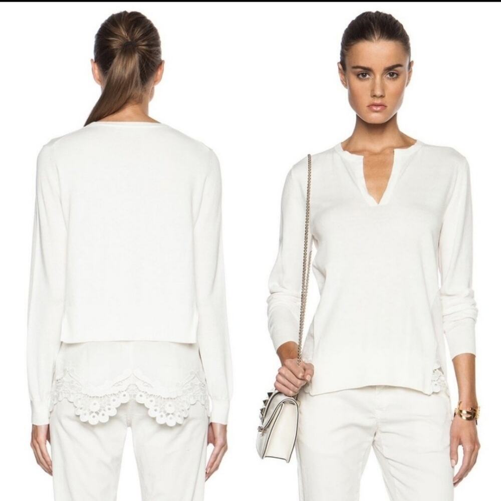 Thakoon V Neck Layered Sweater Crochet Lace Voile Hem Ivory XS